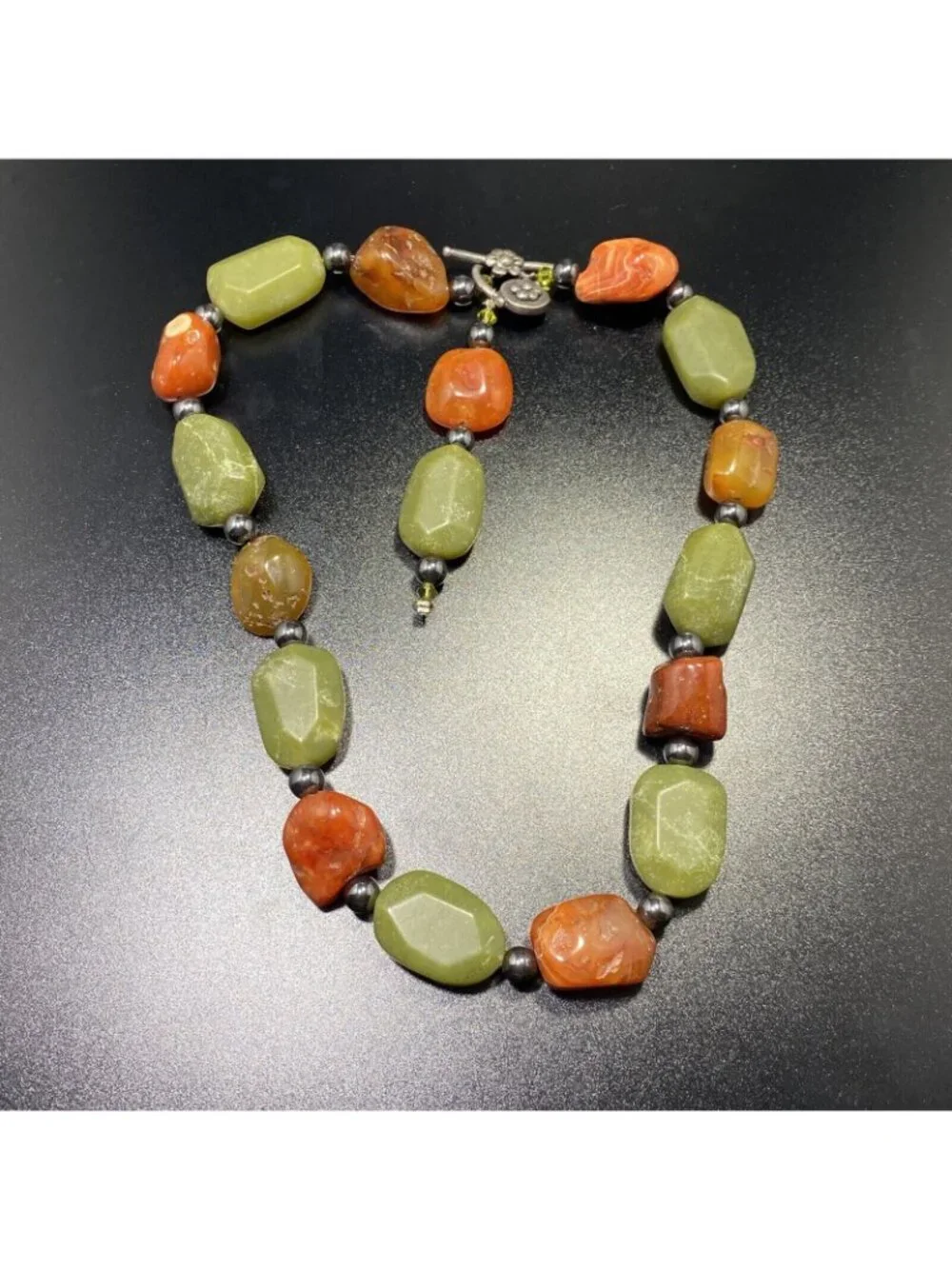 925 Multi Gemstone Toggle Necklace Floral Closure Agate Carnelian Beaded